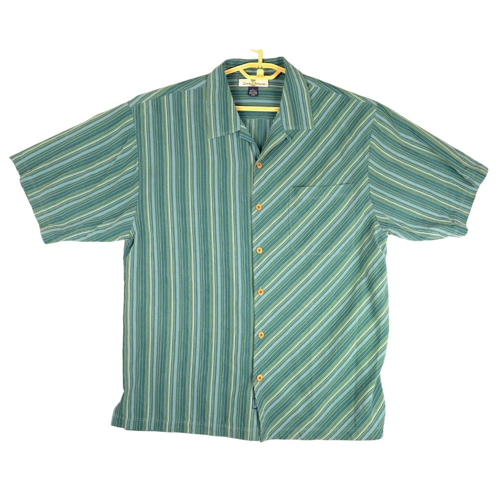 Tommy Bahama Mens Silk Short Sleeve Striped Button Up Shirt Size L